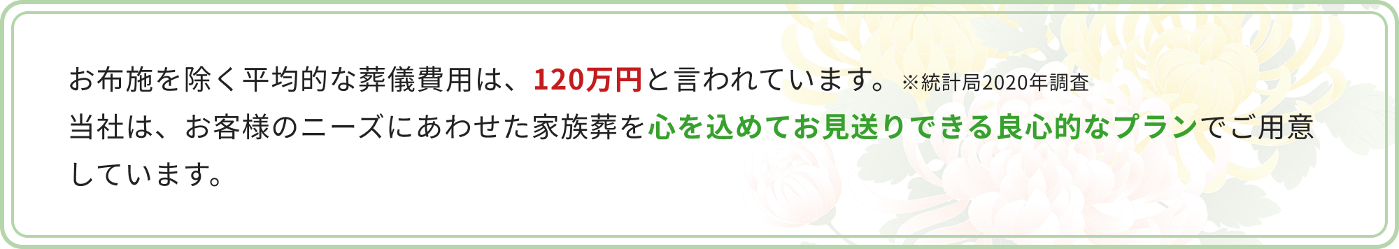 お布施を除く平均的な葬儀費用は、120万円と言われています。※統計局2020年調査当社は、お客様のニーズにあわせた家族葬を心を込めてお見送りできる良心的なプランでご用意しています。