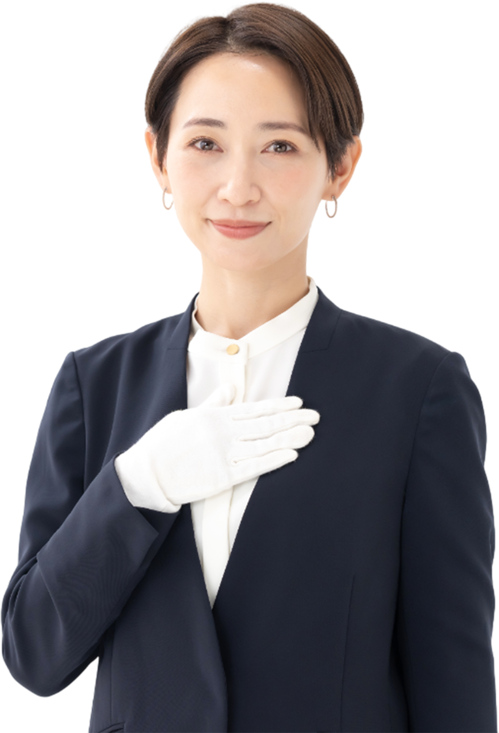 笑顔で案内する女性の写真